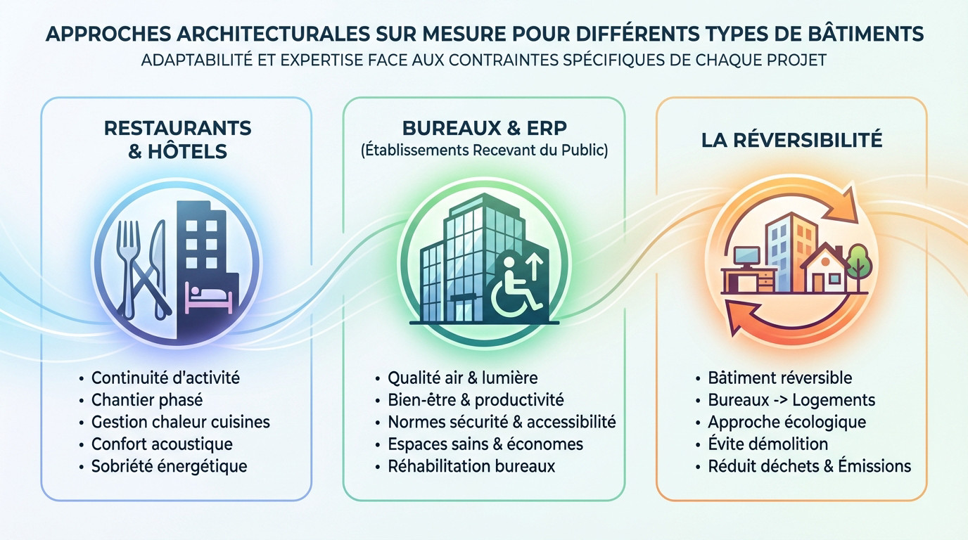 Architecte ajustant un plan de rénovation énergétique pour différents types de bâtiments