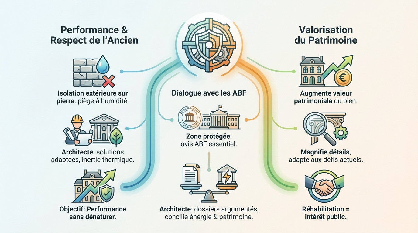 Rénovation énergétique d'un bâtiment ancien en pierre respectant son architecture patrimoniale
