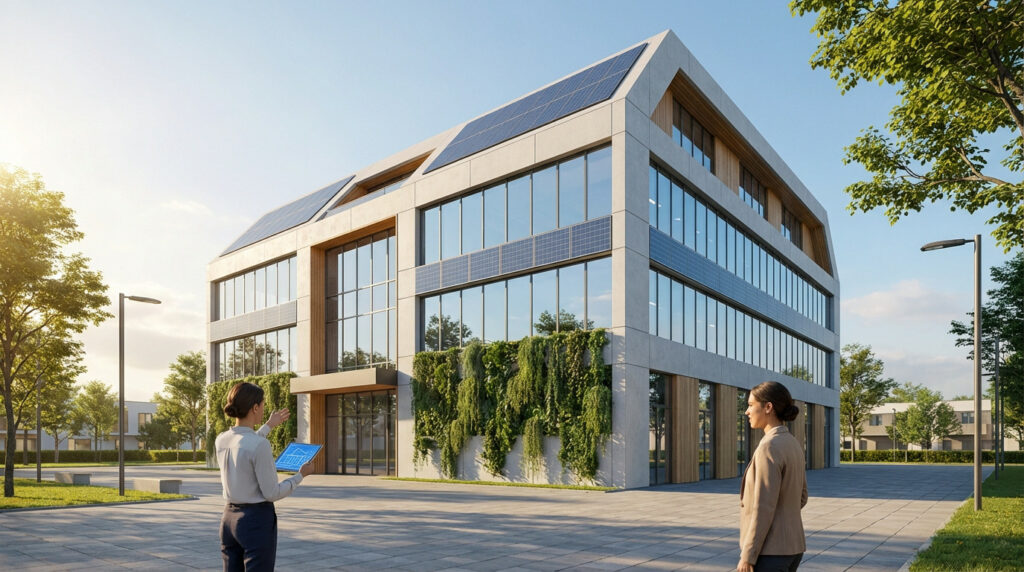 Two professionals discussing a modern, energy-efficient building with solar panels and a living wall under a clear sky.