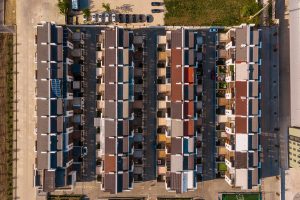 Top down aerial view of urban town houses in a residential area