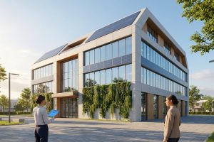 Two professionals discussing a modern, energy-efficient building with solar panels and a living wall under a clear sky.